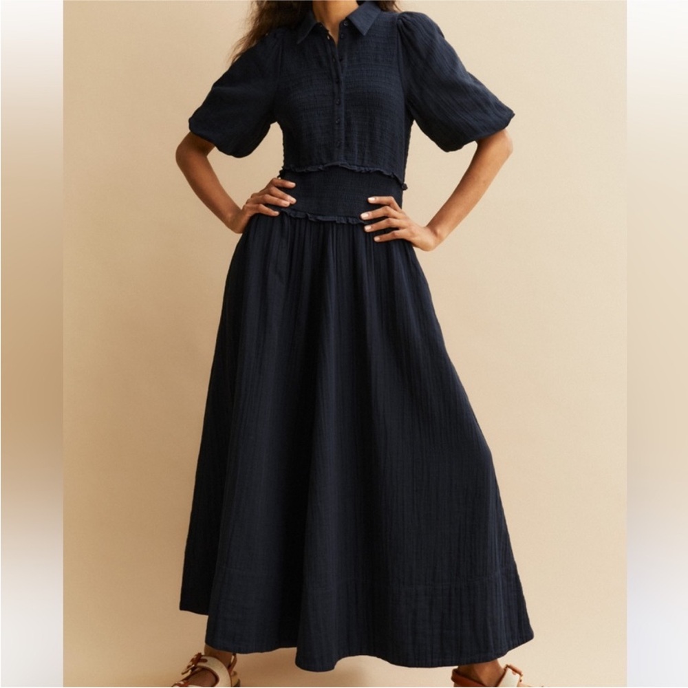 ME+EM Cheesecloth Shirred Waist Maxi Dress, Navy Blue, Size 12